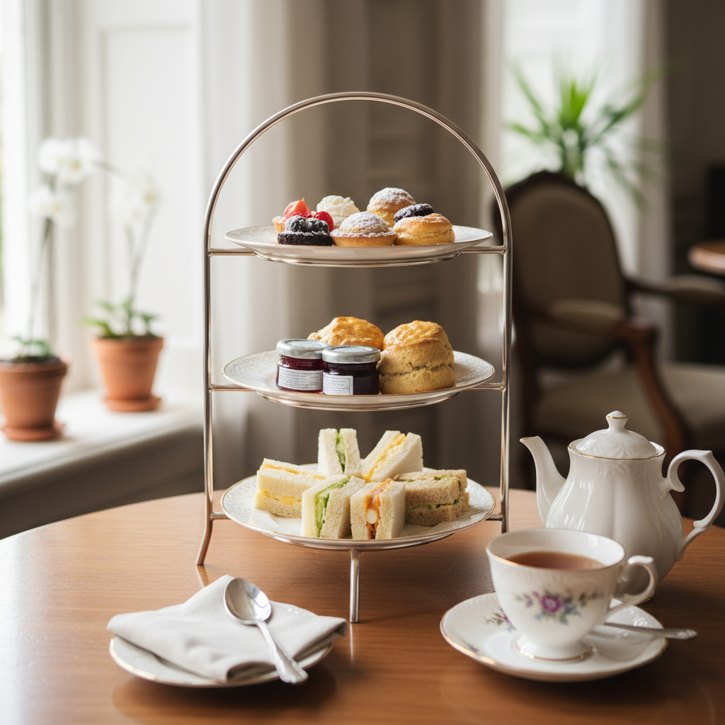 Afternoon tea stand with pastries and sandwiches at Luthiel Dining & Tea Rooms